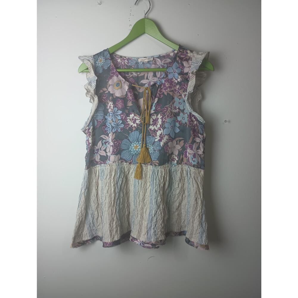 Mystree Floral Peplum Top Medium Boho Ruffle Sleeve Mixed Fabric Blouse